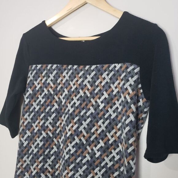 Smashed Lemon Medium Short Sleeve Black Grey Weave Print Dress - Picture 3 of 13